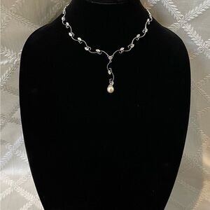 Elegant Silver Tone Necklace with Faux Pearl Pendant and Matching Earrings